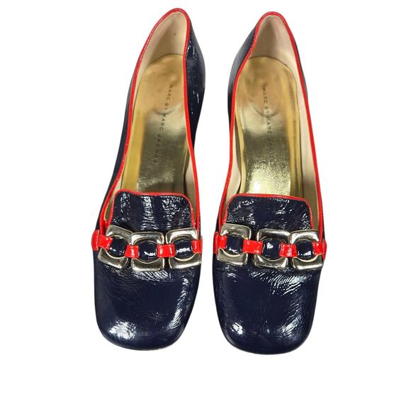 Marc by Marc Jacobs Pumps Womens 38 Navy Red Patent Leather Chain Heeled Loafers - Picture 6 of 14